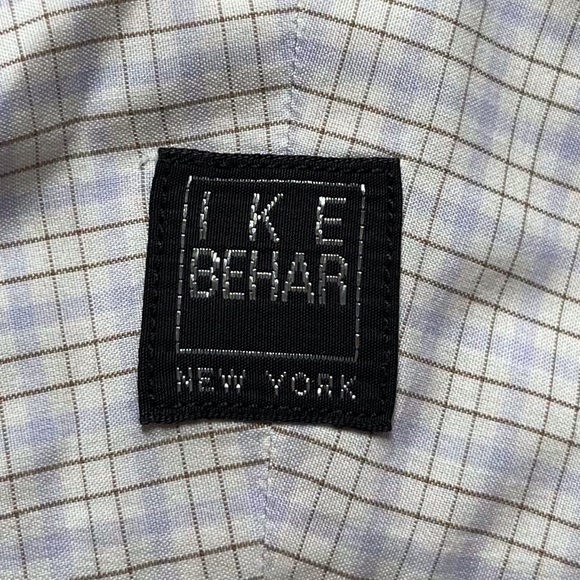 Ike Behar Men’s 16-1/2 35 Dress Shirt Blue and Brown Plaid on White Background - Picture 3 of 3